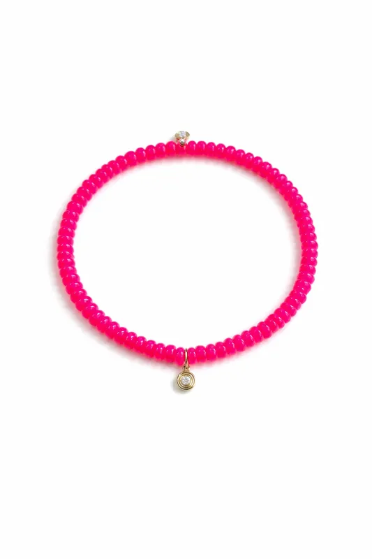 Fluted Diamond Charm on Hot Pink Ethiopian Opal Beaded Bracelet made by Sydney Evan