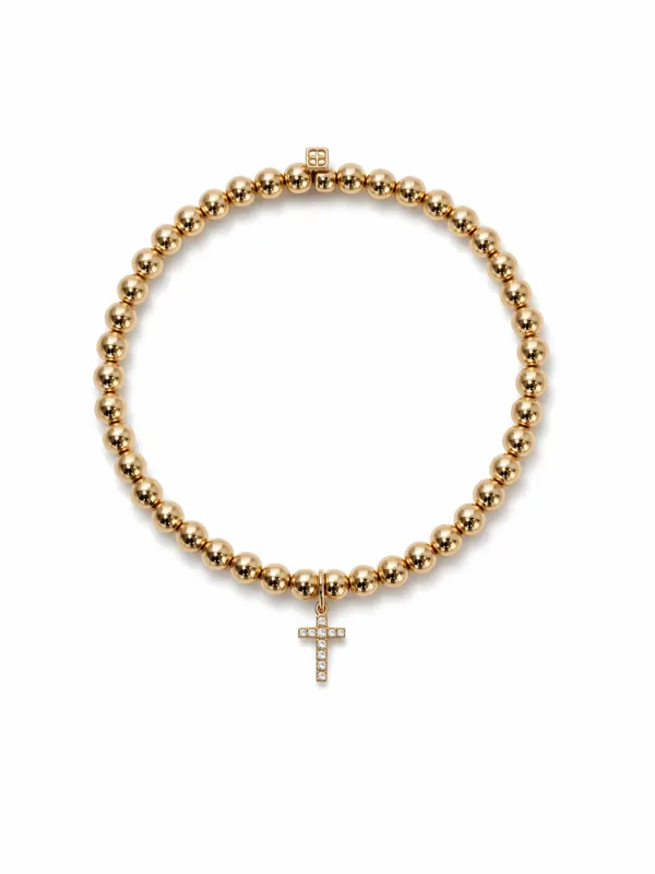 Diamond Small Cross Charm on Yellow Gold Beaded Bracelet made by Sydney Evan