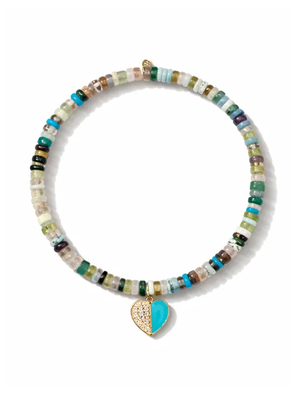 Diamond & Turquoise Heart on Rainbow Heishi Beaded Bracelet made by Sydney Evan