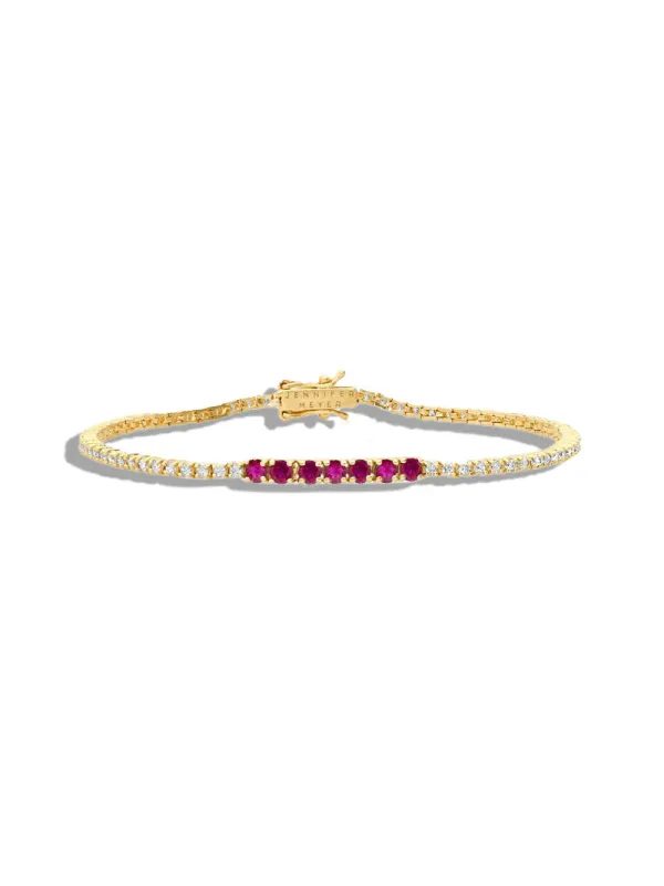 4-Prong Diamond and Ruby Yellow Gold Tennis Bracelet made by Jennifer Meyer