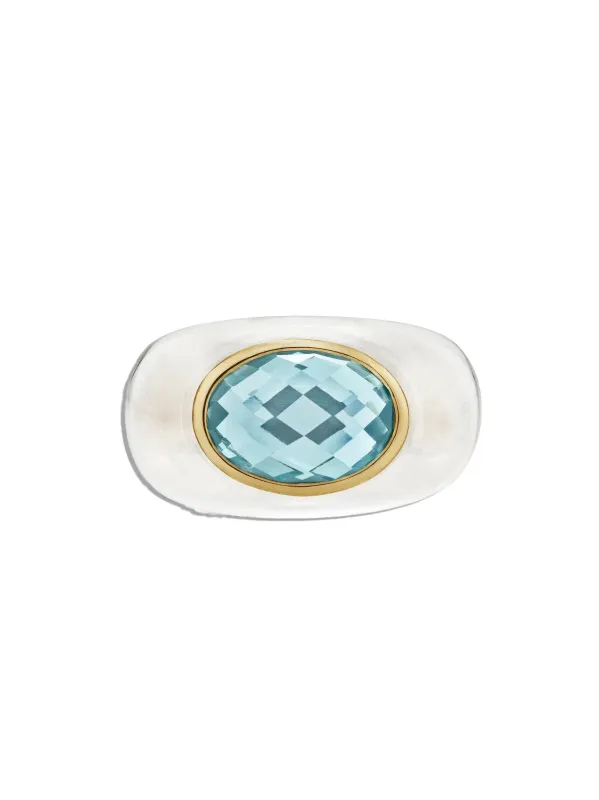 Sculptural Crystal and Sky Blue Topaz Yellow Gold Gemstone Ring made by YLANG23