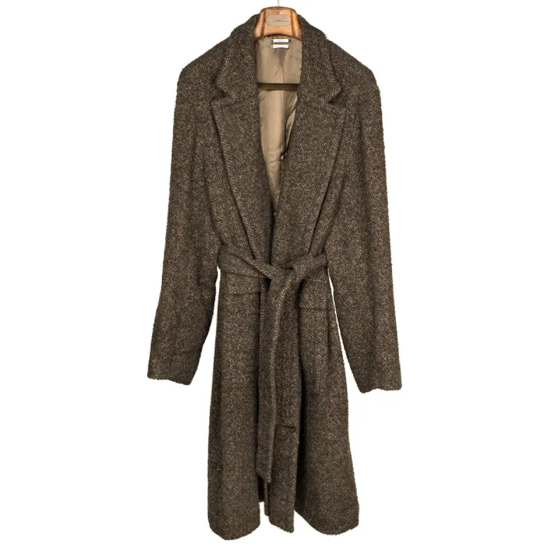 Belted robe coat in mixed brown wool boucle sold by No Man Walks Alone