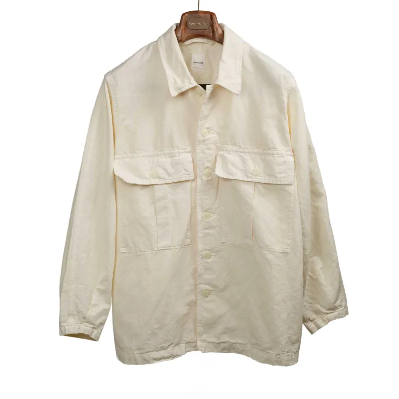 Work shirt in off-white 9oz cotton/linen denim sold by No Man Walks Alone