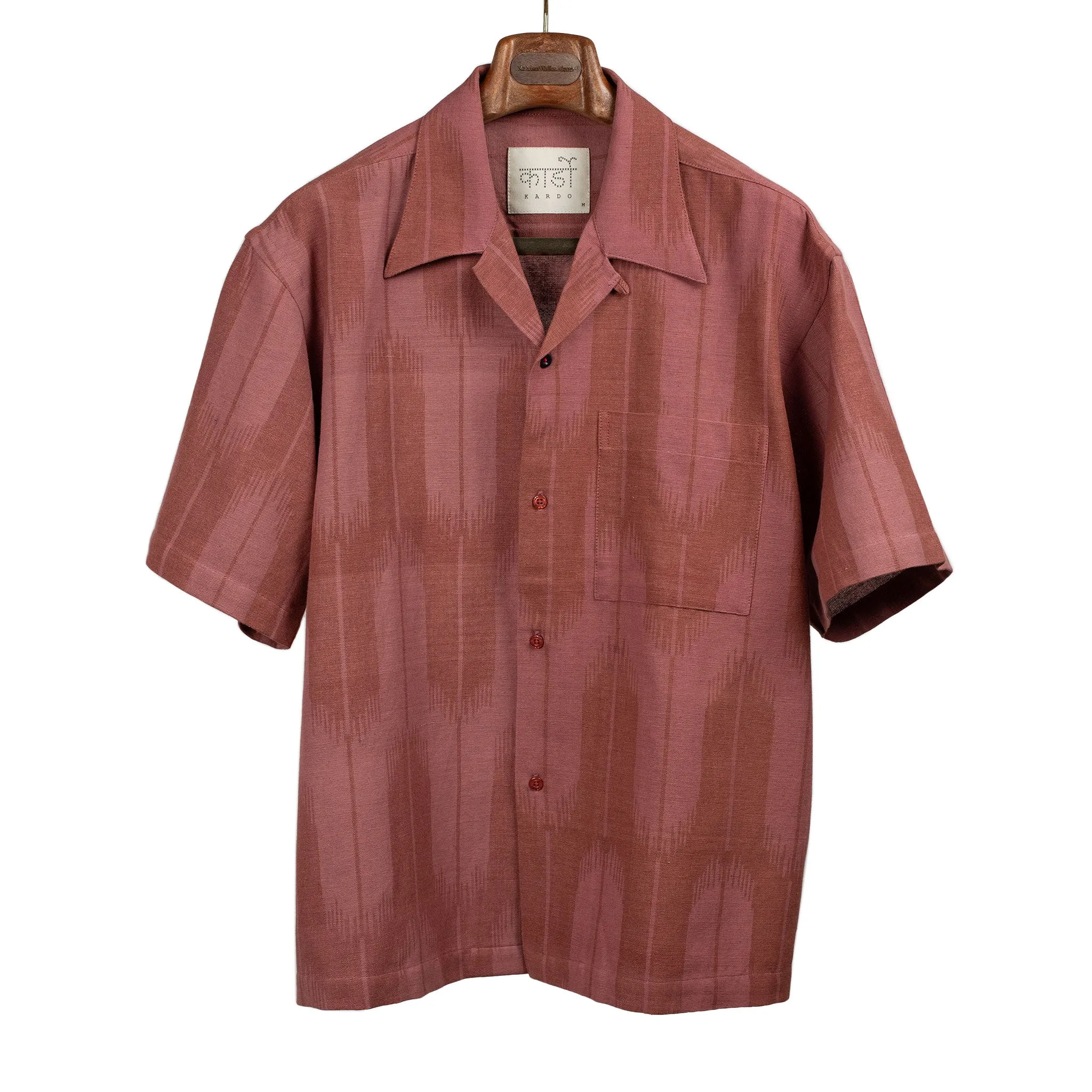 Rohit camp shirt in coral red ikat hand-loomed cotton sold by No Man Walks Alone