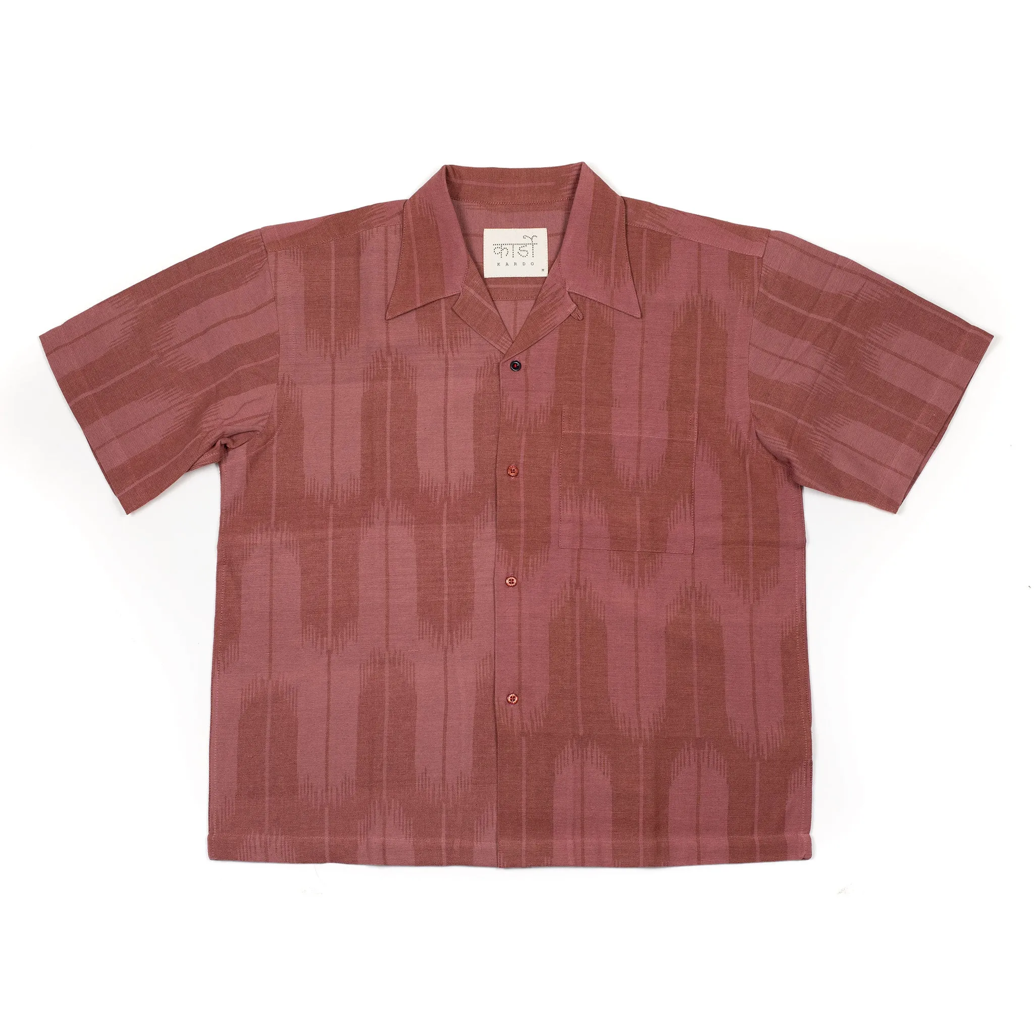 Rohit camp shirt in coral red ikat hand-loomed cotton sold by No Man Walks Alone product image thumbnail 4