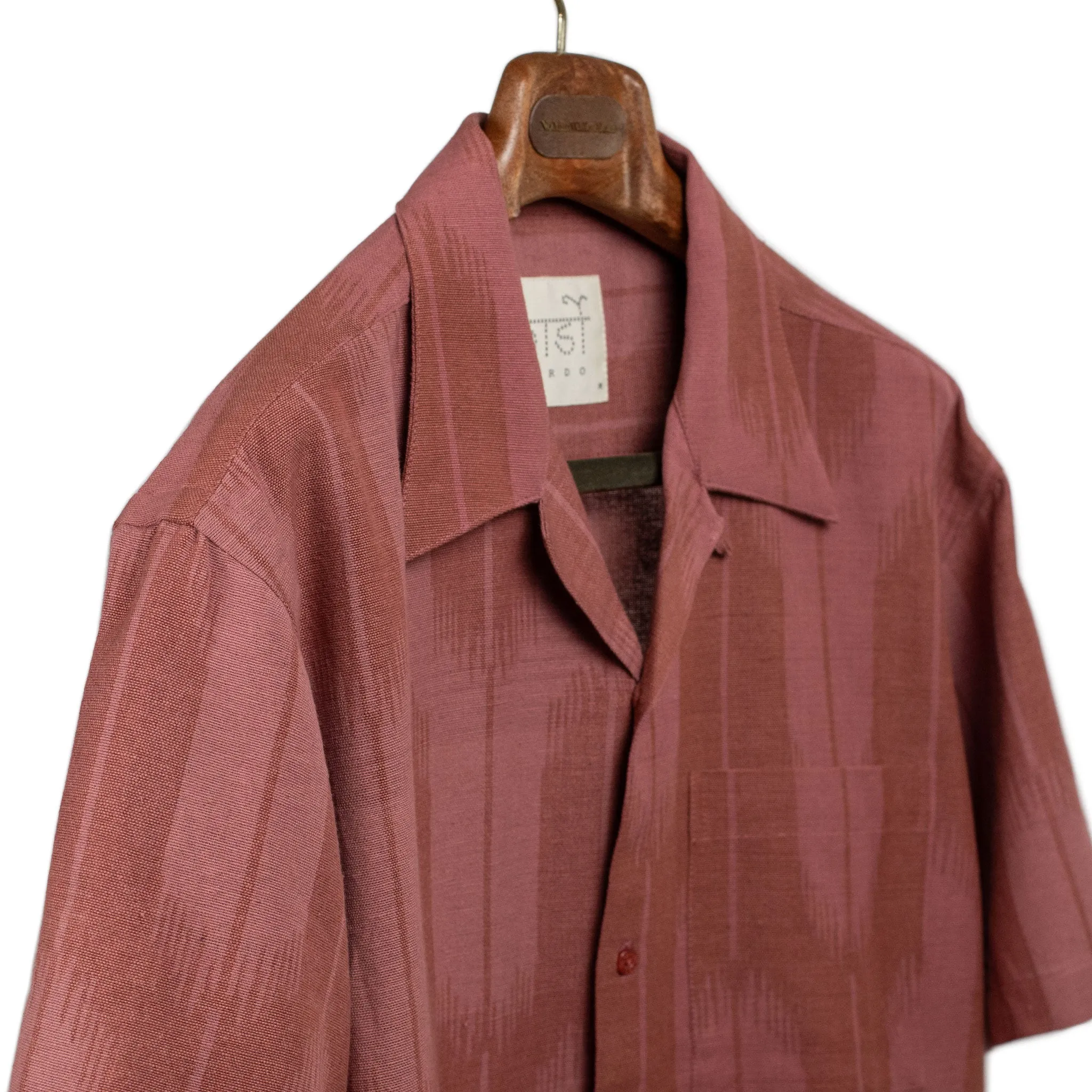 Rohit camp shirt in coral red ikat hand-loomed cotton sold by No Man Walks Alone product image thumbnail 3