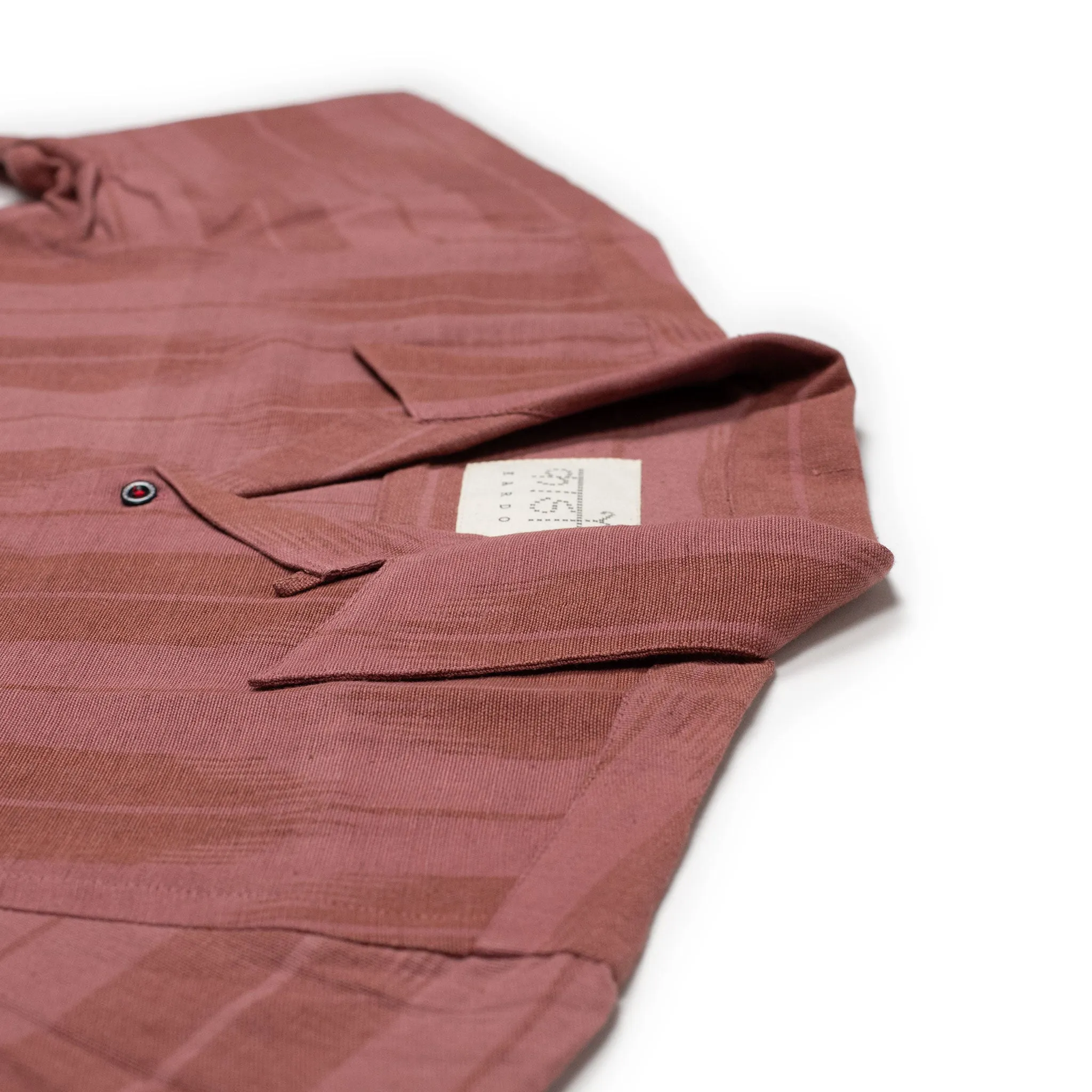 Rohit camp shirt in coral red ikat hand-loomed cotton sold by No Man Walks Alone product image thumbnail 5