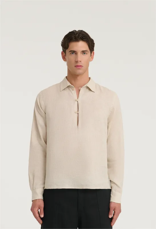 545 PURE LINEN HALF BUTTON SHIRT SAND sold by Fivefourfive