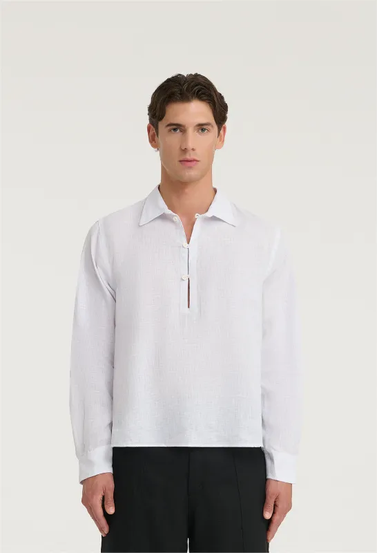 545 PURE LINEN HALF BUTTON SHIRT PURE WHITE sold by Fivefourfive