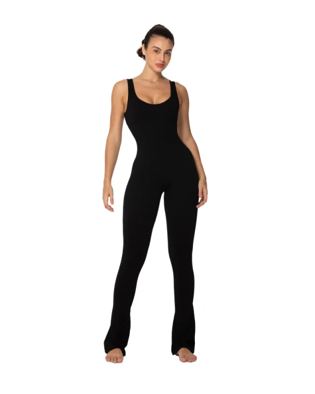 Sleeveless flared leg jumpsuits with built-in padding sold by Sunzel