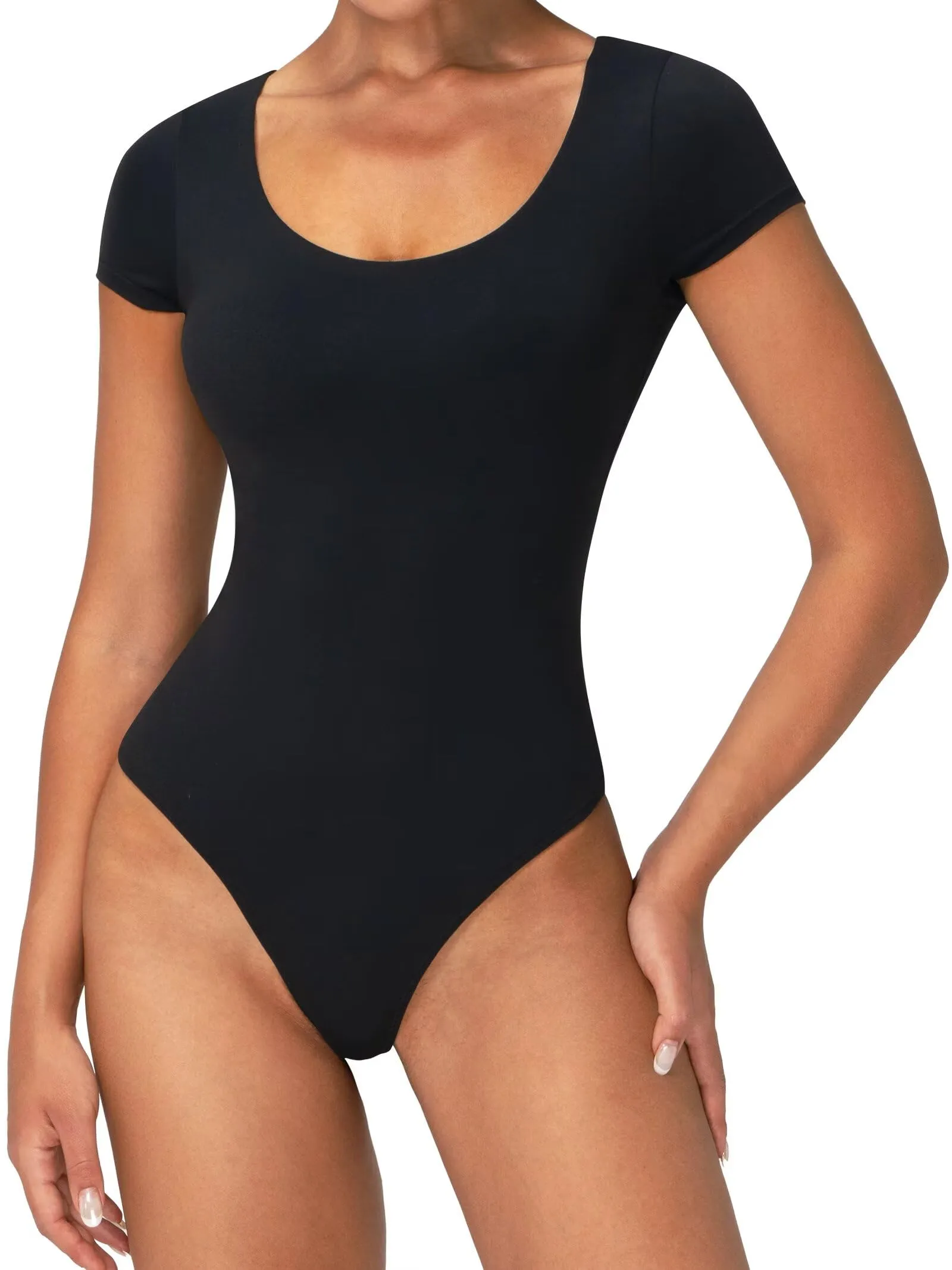 Women's Scoop Neck T-Shirt Bodysuit High Stretch Seamless Thong Leotard Moisture-Wicking Layering Essentials sold by Sunzel product image thumbnail 3