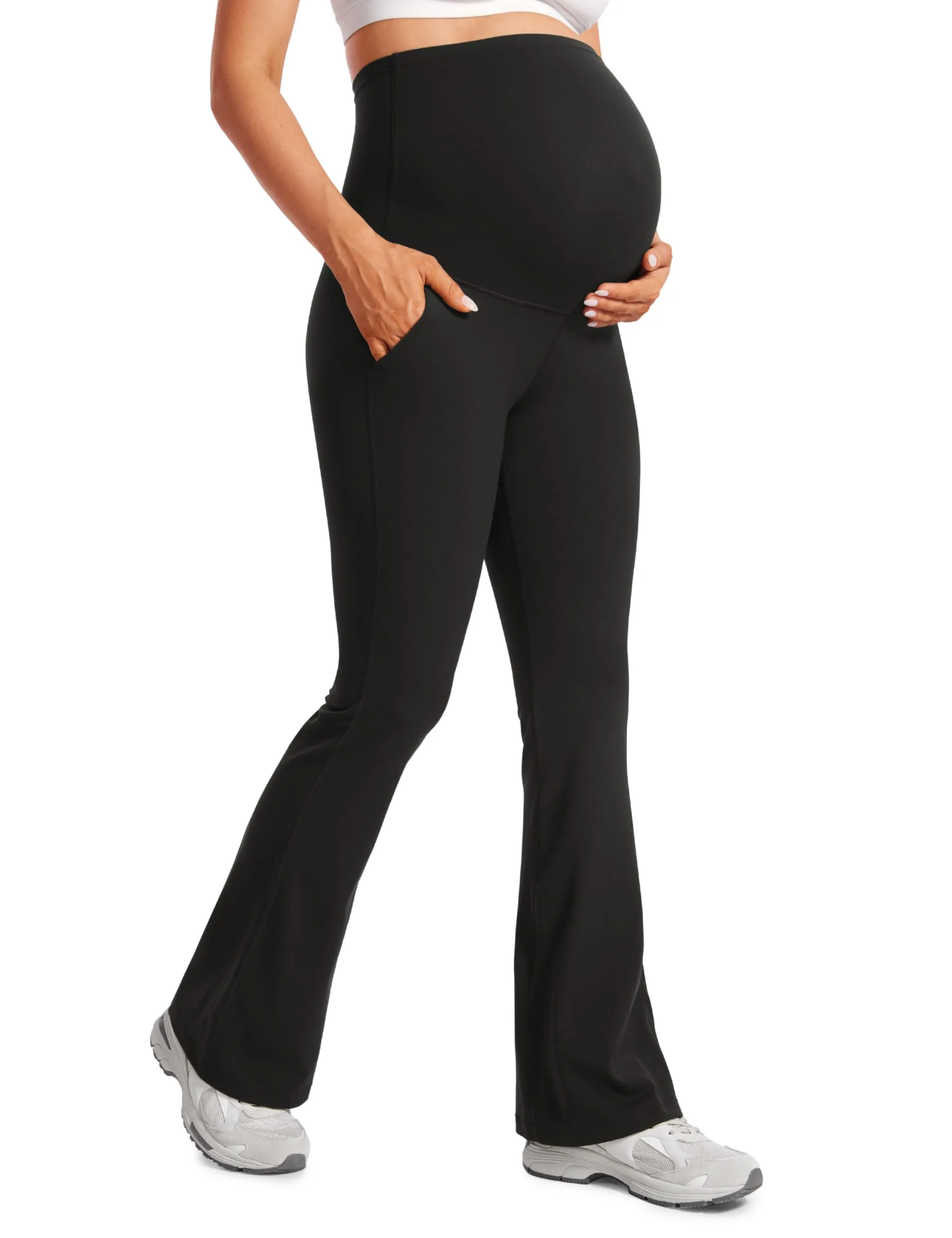 Maternity Yoga Bell Bottom Pants Pregnancy Wide Waistband Stretchy Workout Leggings for Women Pre Postpartum Support sold by Sunzel