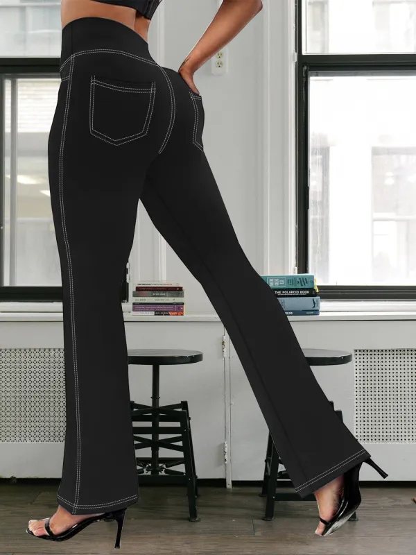 Women's High-Waisted Flare Pants Stretchy Polyester Spandex Blend,Comfort Fit, Elastic Waist,30"Inseam,Sizes S-5XL,Casual Lounge Trousers sold by Sunzel