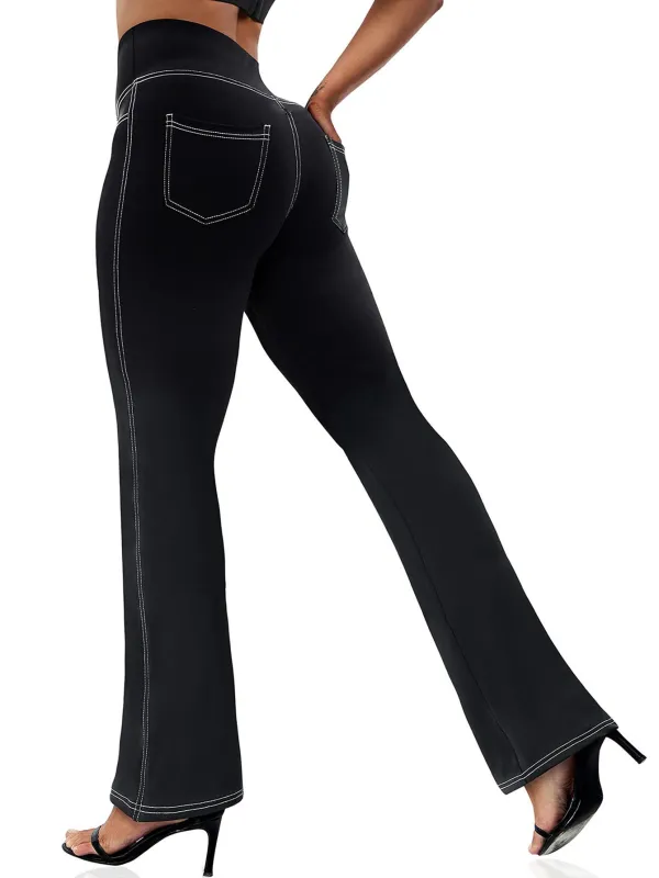 Plus Size Women's High-Waisted Flare Pants Stretchy Polyester Spandex Elastic Waist Lounge Trousers Sizes 0XL-5XL 30" Inseam sold by Sunzel