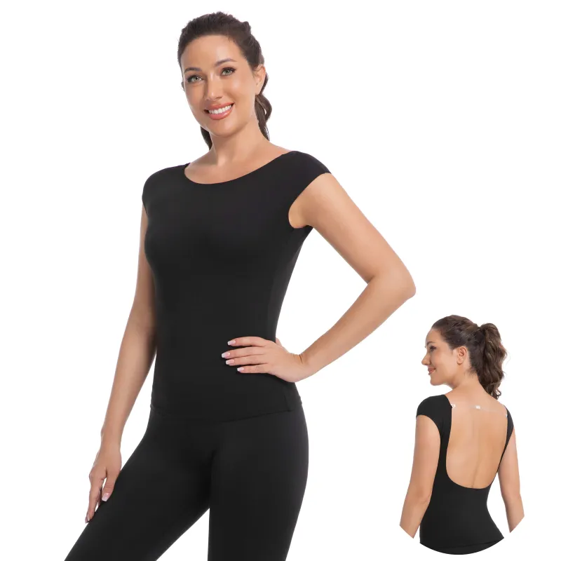 Open Back Workout T-Shirts for Women - Athletic Short-Sleeve Tees, Backless Yoga Tops, Low Back Gym Shirts sold by Sunzel