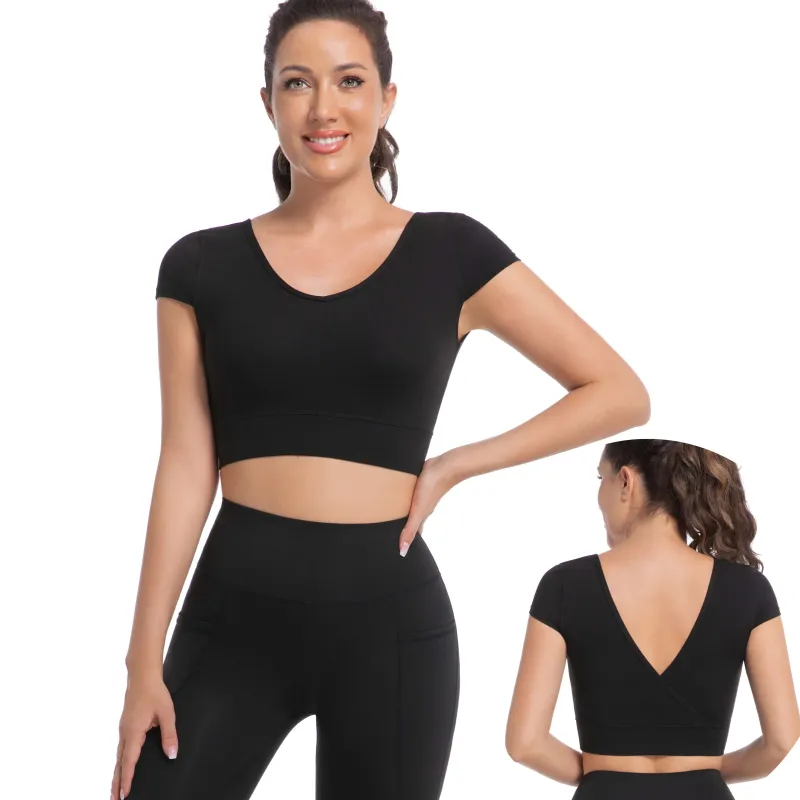 Women's Cross Back Deep V-Neck Slim Fit Stretchy T-Shirt High Elasticity Workout Tops Moisture-Wicking Breathable Yoga Running Gym Wear sold by Sunzel