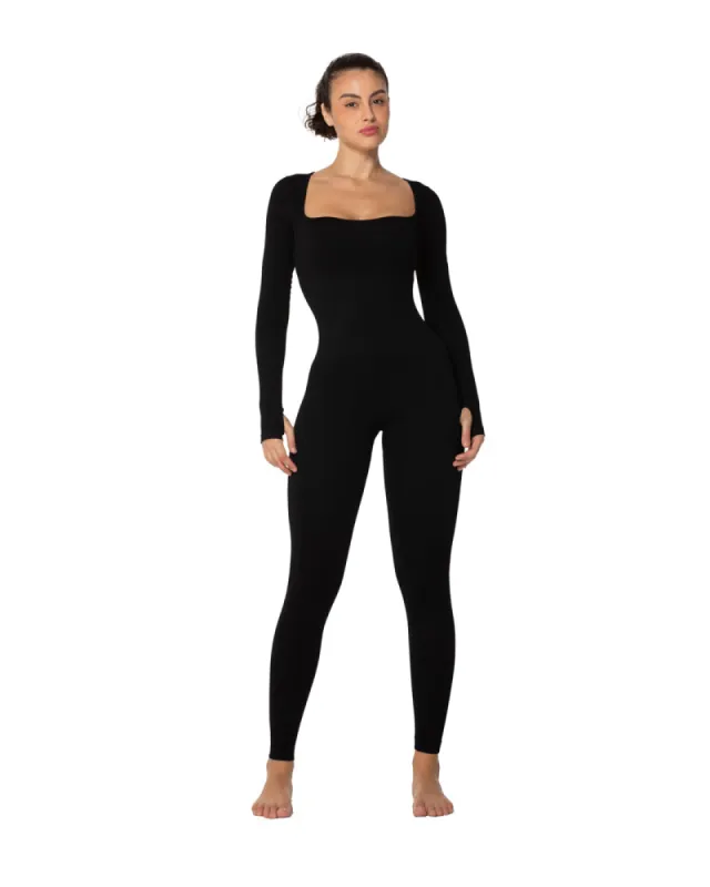 Women's Square Neck Long Sleeve Tummy Control Jumpsuits sold by Sunzel