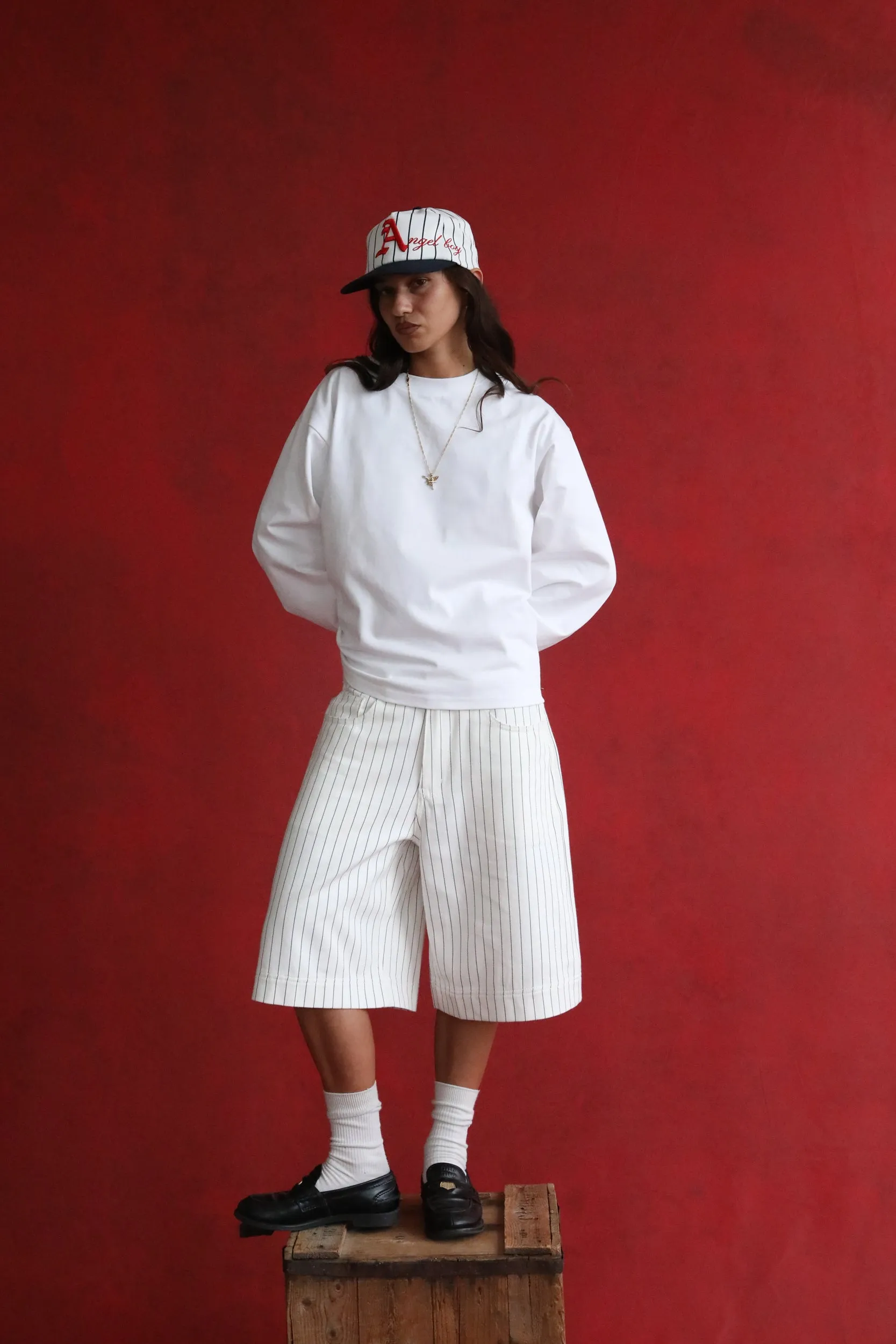 White Pinstripe Denim Shorts sold by Angel Boy product image thumbnail 3