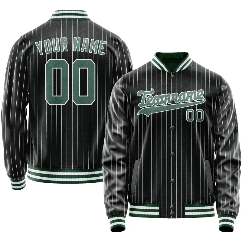 Custom Black Teal Gray Pinstripe Varsity Letterman Jacket sold by Tailorly