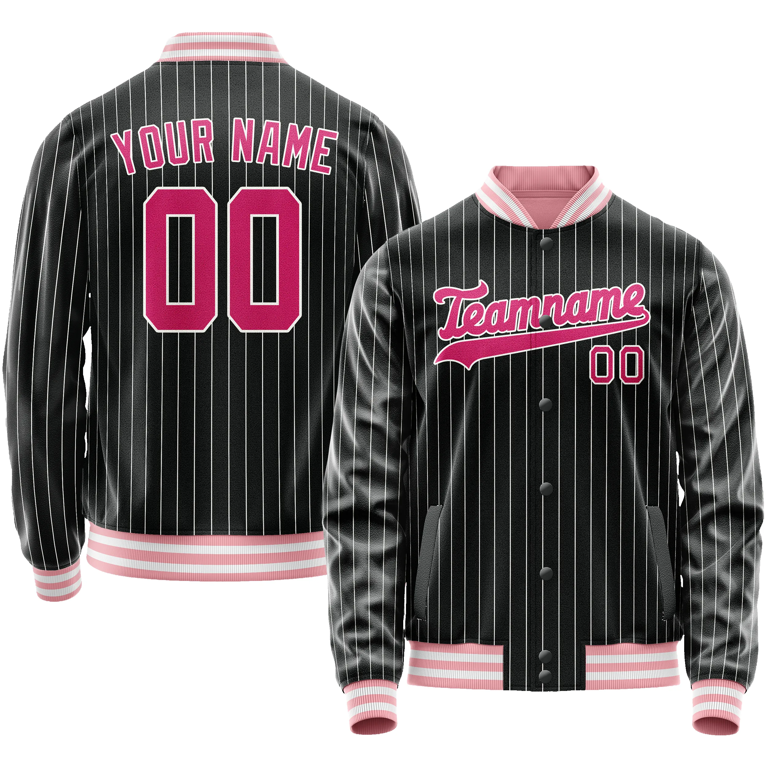 Custom Black Pink Gray Pinstripe Varsity Letterman Jacket sold by Tailorly