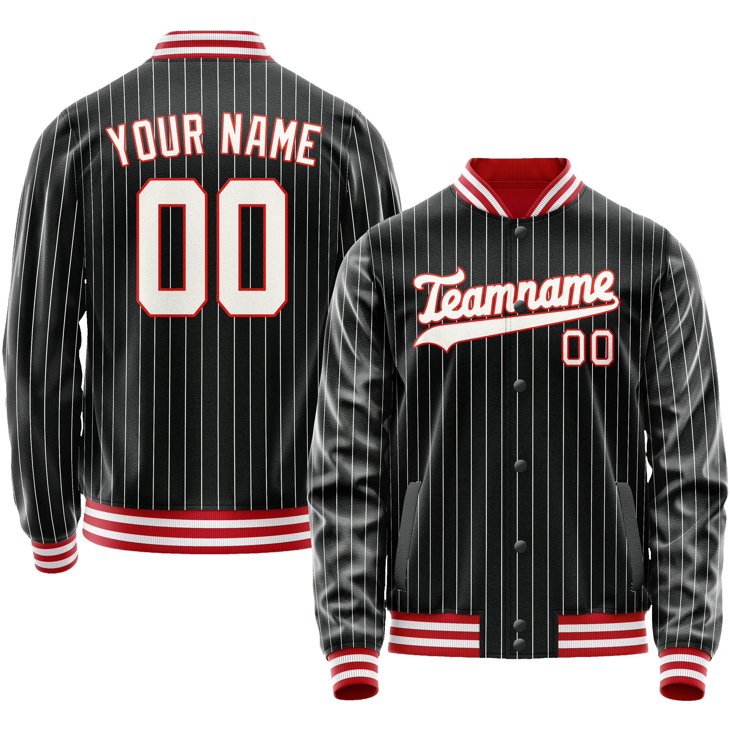 Custom Black Orange White Pinstripe Varsity Letterman Jacket sold by Tailorly