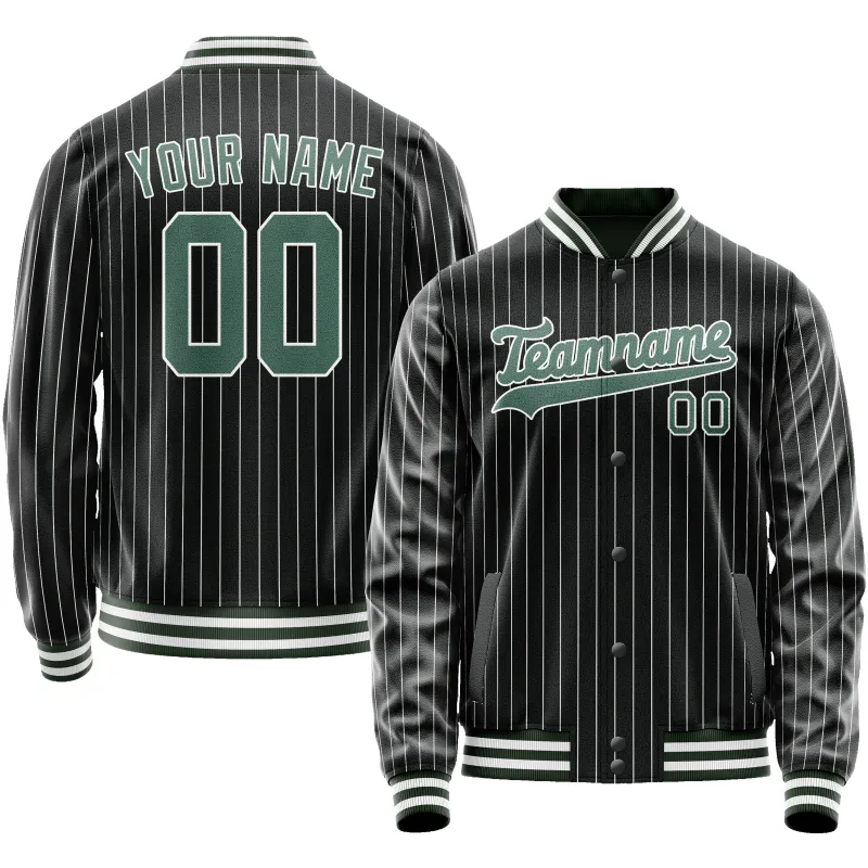 Custom Black Teal White Pinstripe Varsity Letterman Jacket sold by Tailorly