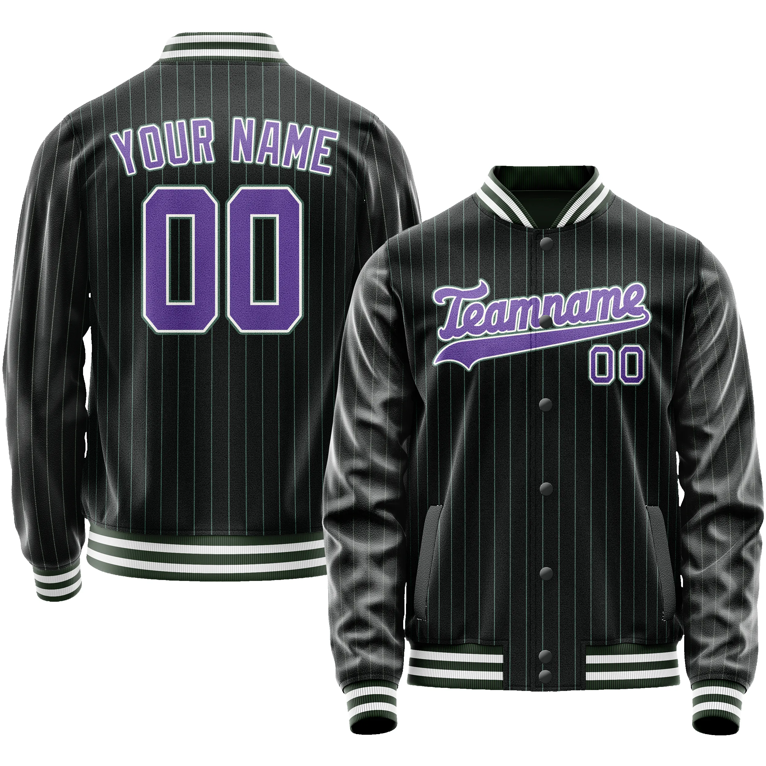 Custom Black Purple Teal Pinstripe Varsity Letterman Jacket sold by Tailorly