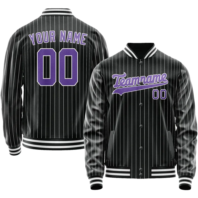 Custom Black Purple Gray Pinstripe Varsity Letterman Jacket sold by Tailorly
