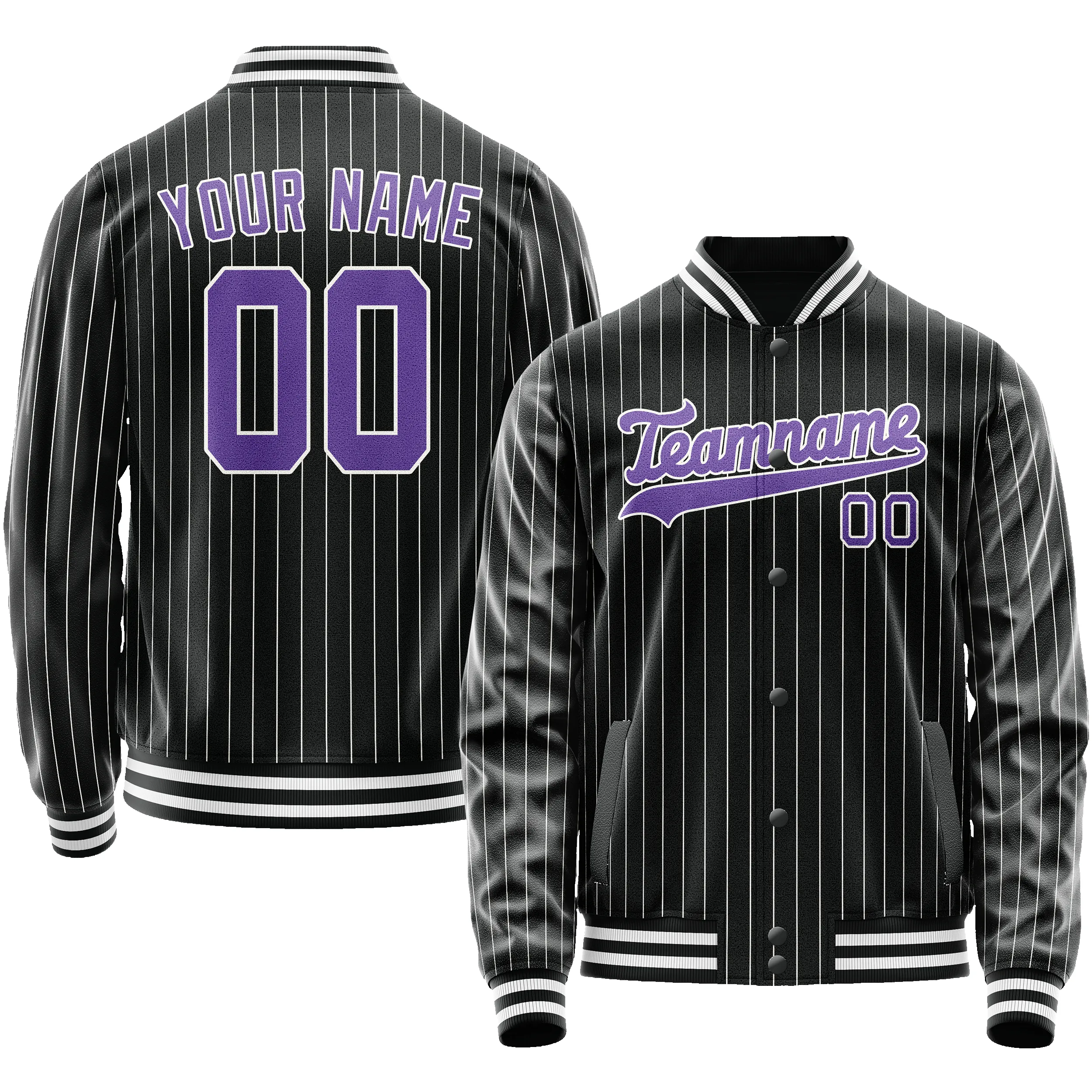 Custom Black Purple Gray Pinstripe Varsity Letterman Jacket sold by Tailorly