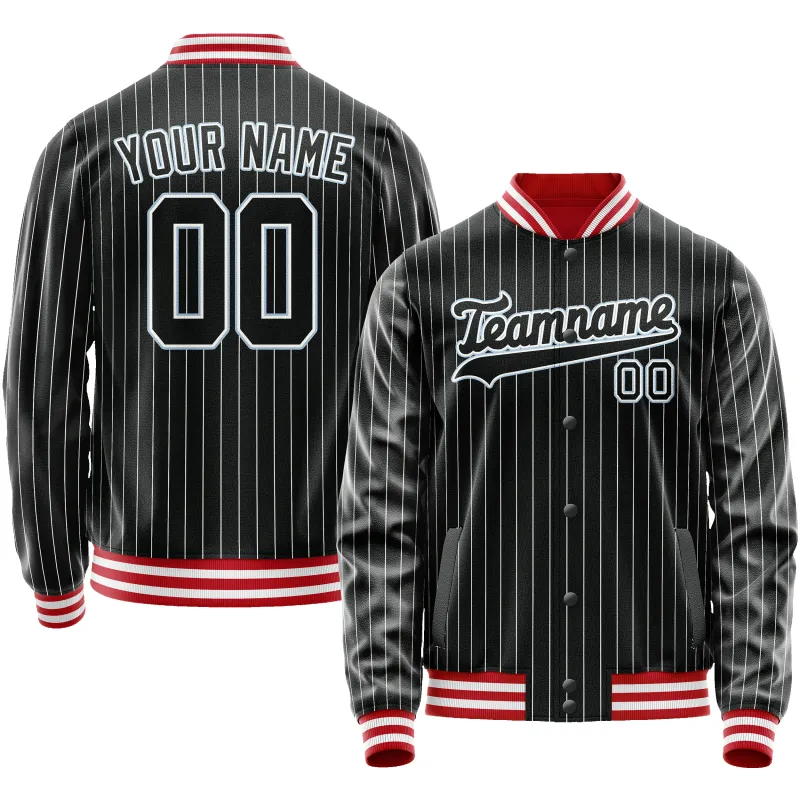 Custom Black Light-Blue Gray Pinstripe Varsity Letterman Jacket sold by Tailorly