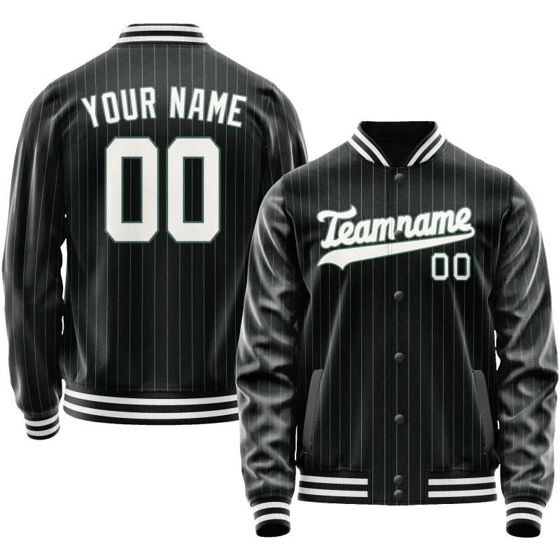 Custom Black White Teal Pinstripe Varsity Letterman Jacket sold by Tailorly