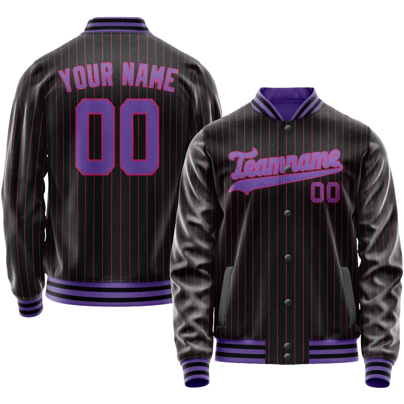 Custom Black Purple Pink Pinstripe Varsity Letterman Jacket sold by Tailorly