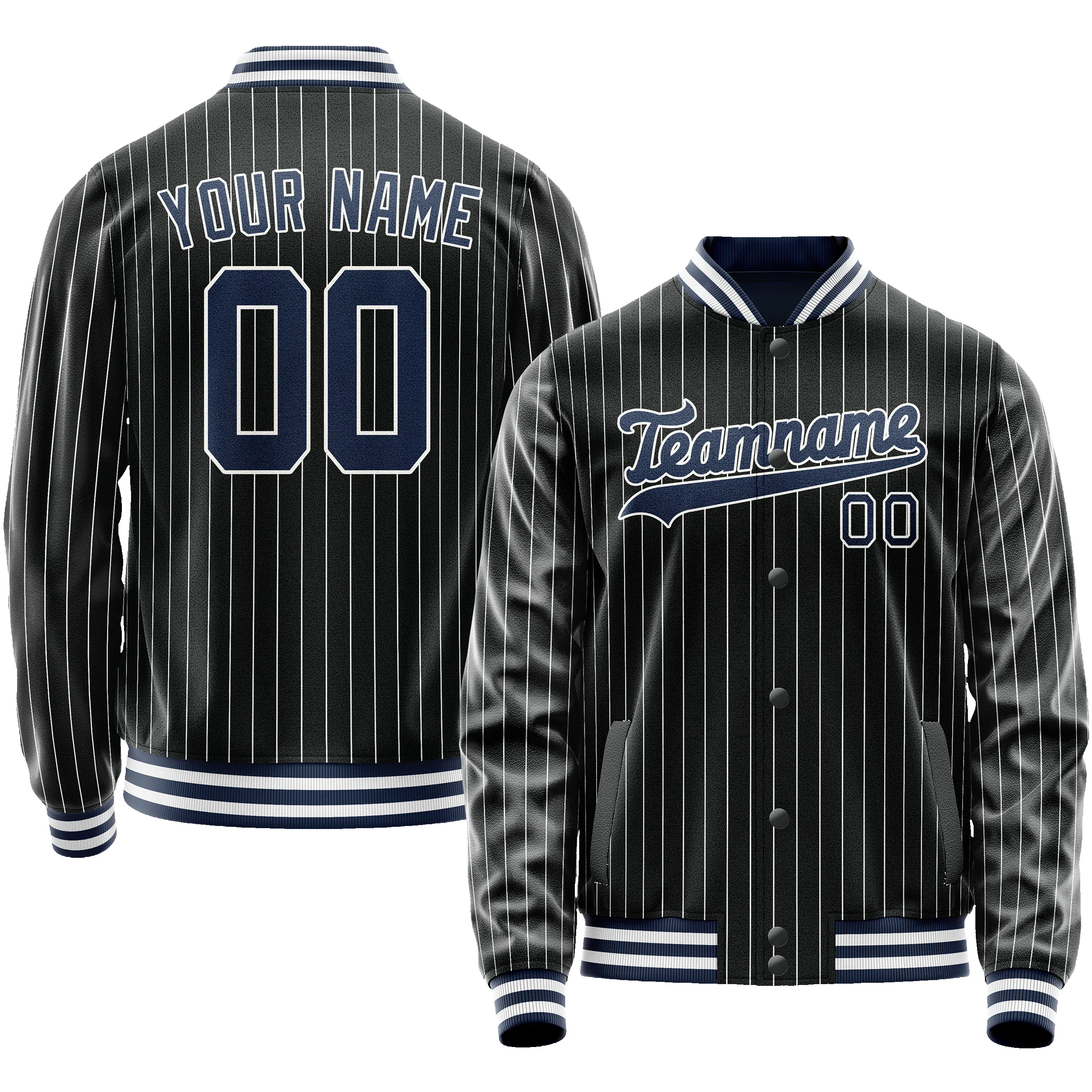Custom Black Royal White Pinstripe Varsity Letterman Jacket sold by Tailorly