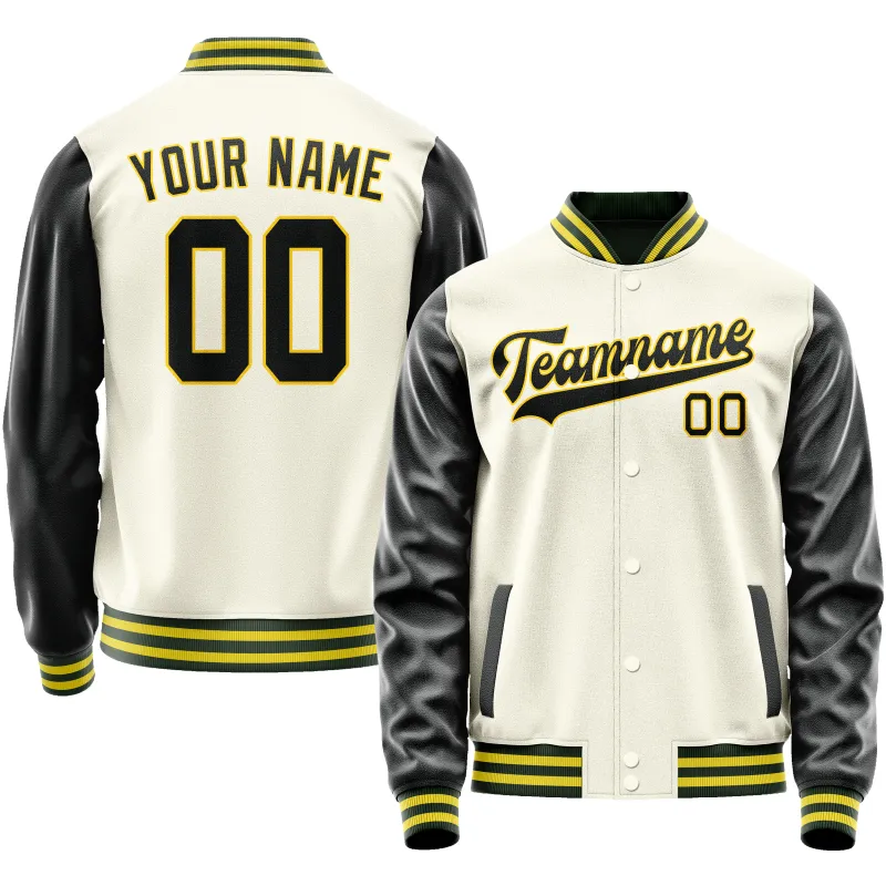 Custom Cream Black Solid Color Varsity Letterman Jacket sold by Tailorly