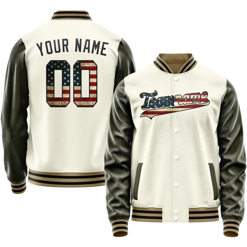 Custom Cream Vintage-Usa-Flag Solid Color Varsity Letterman Jacket sold by Tailorly