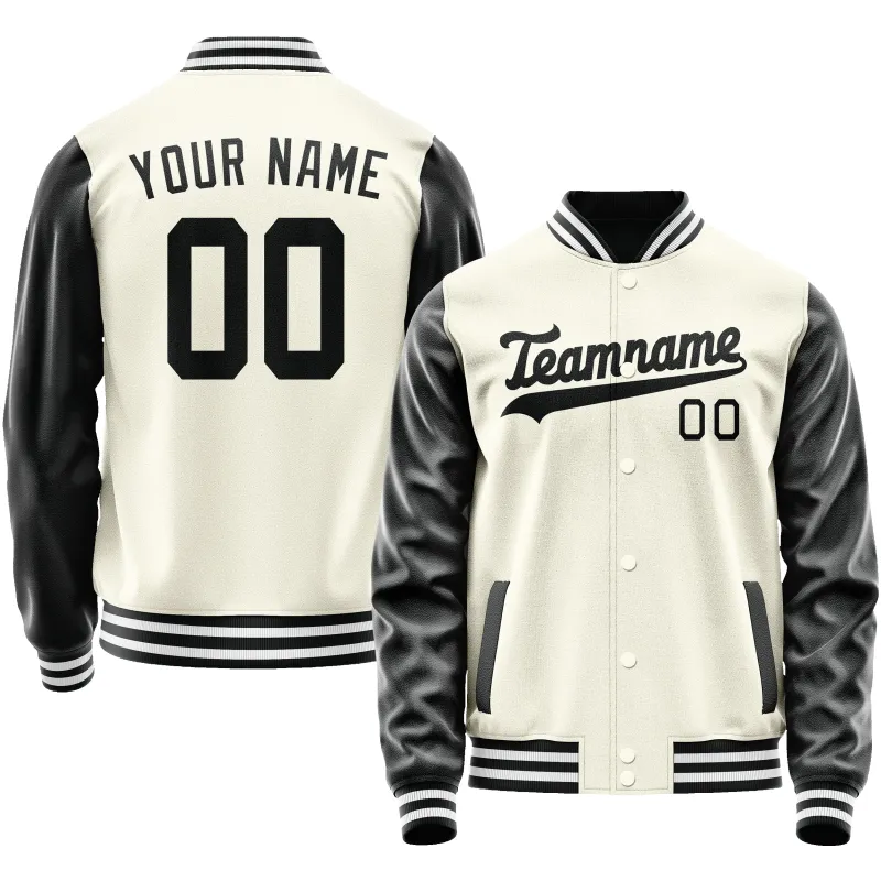 Custom Cream Black Solid Color Varsity Letterman Jacket sold by Tailorly