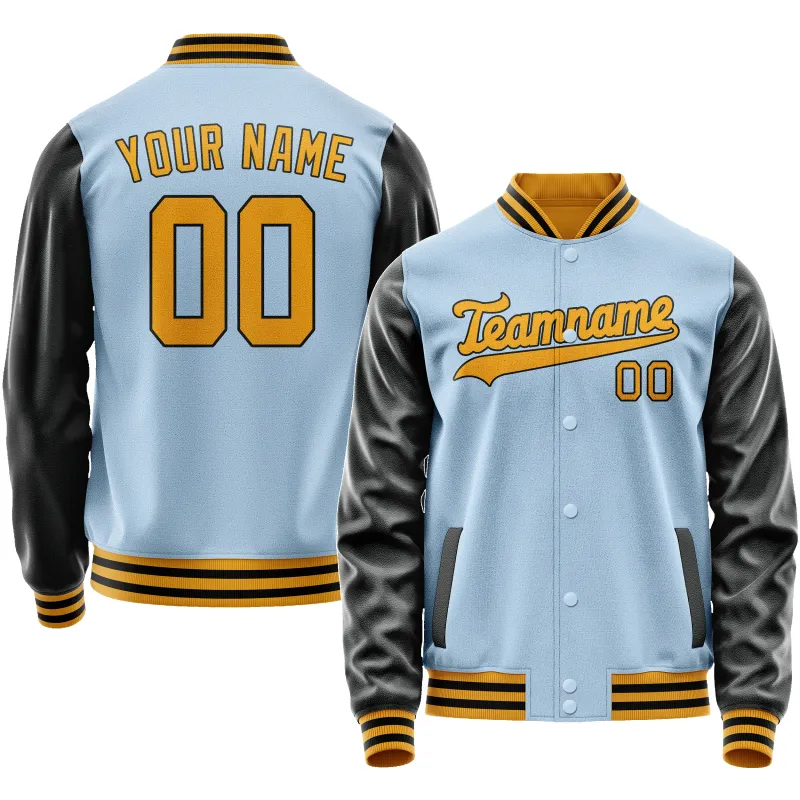 Custom Light-Blue Black Solid Color Varsity Letterman Jacket sold by Tailorly