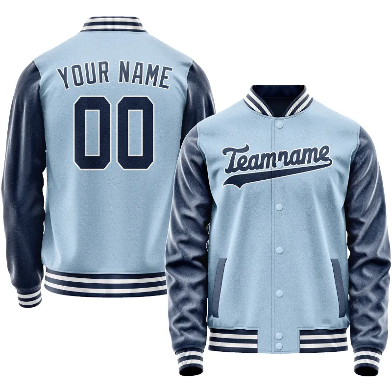 Custom Light-Blue Navy Solid Color Varsity Letterman Jacket sold by Tailorly