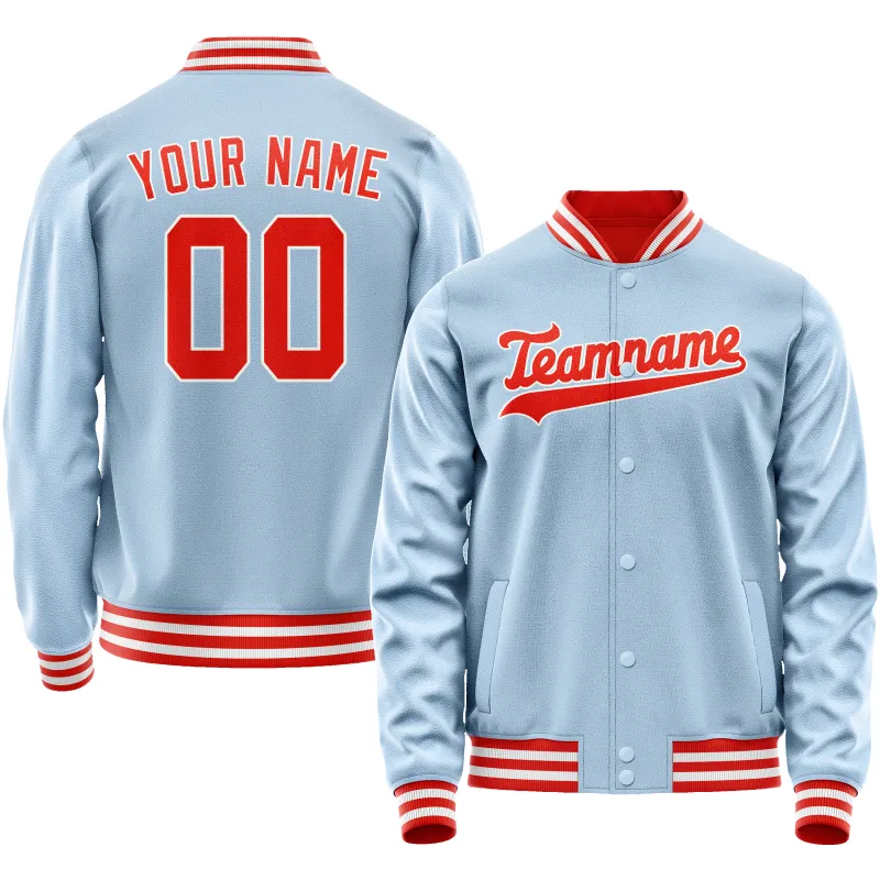 Custom Light-Blue Orange Solid Color Varsity Letterman Jacket sold by Tailorly