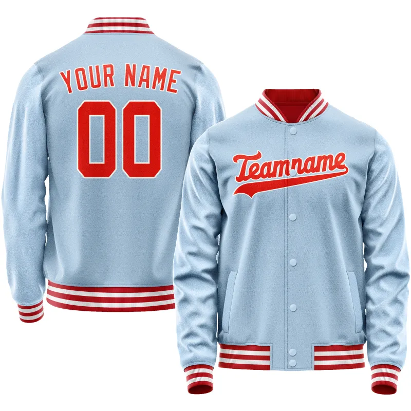 Custom Light-Blue Orange Solid Color Varsity Letterman Jacket sold by Tailorly