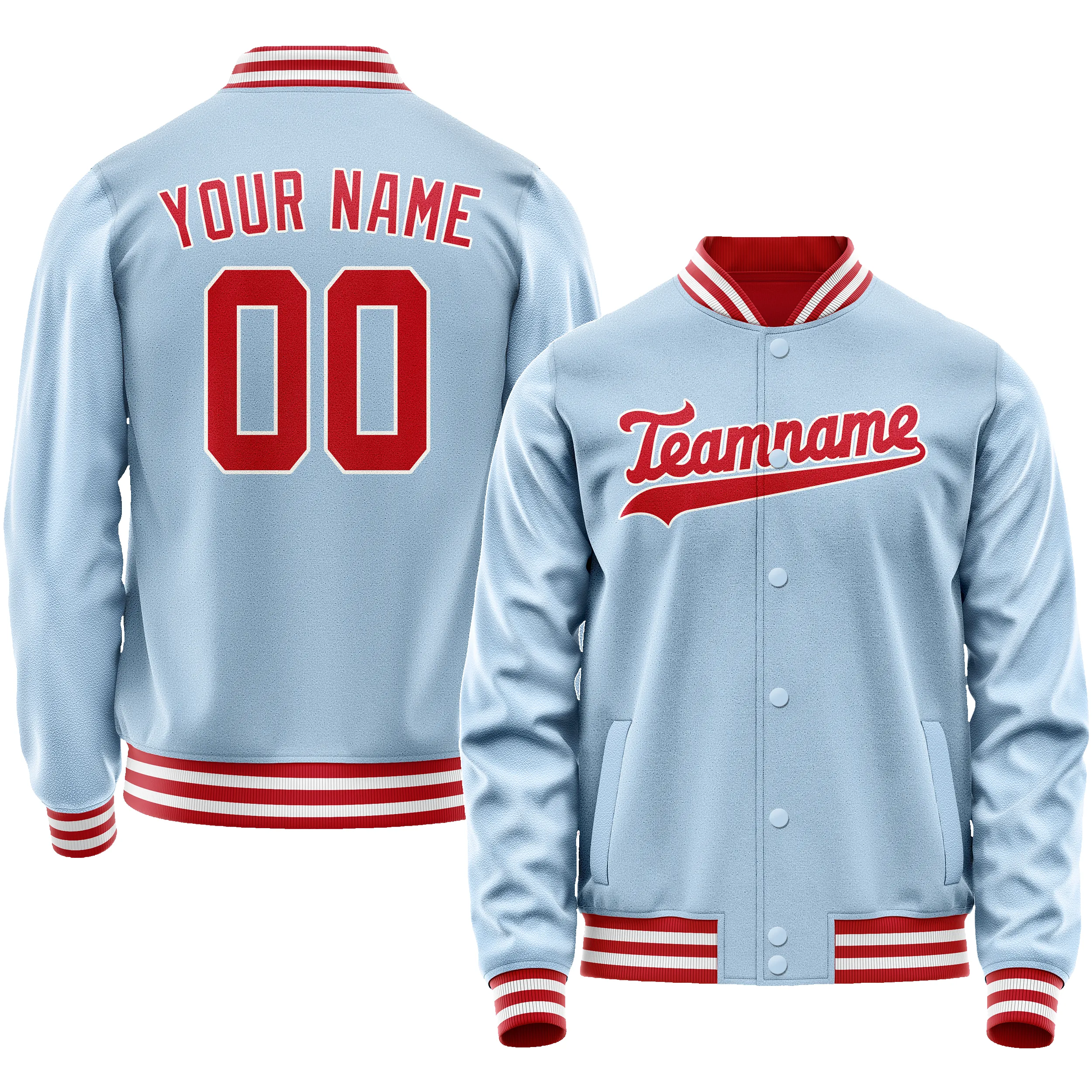 Custom Light-Blue Red Solid Color Varsity Letterman Jacket sold by Tailorly