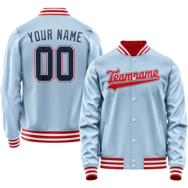 Custom Light-Blue Red Solid Color Varsity Letterman Jacket sold by Tailorly