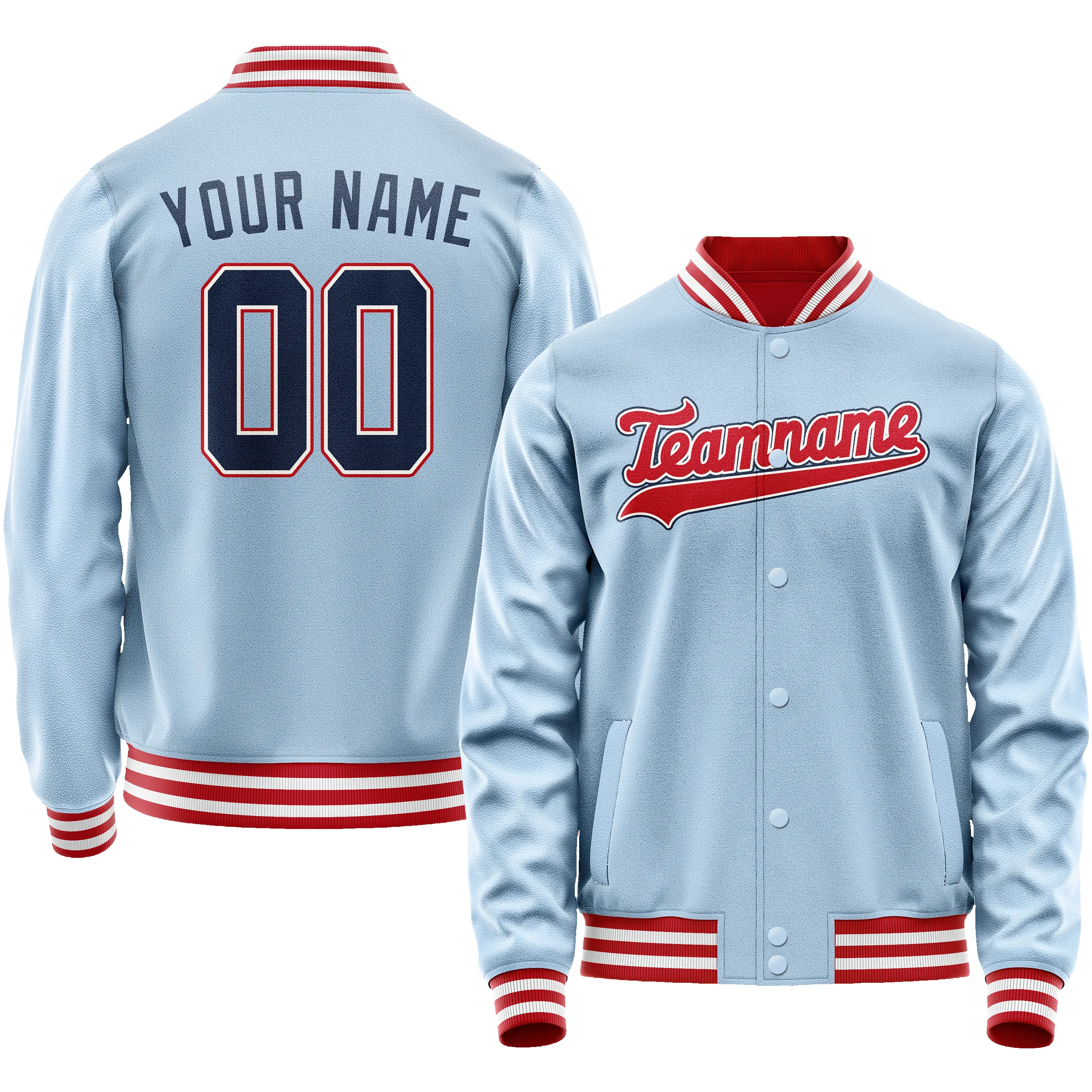 Custom Light-Blue Red Solid Color Varsity Letterman Jacket sold by Tailorly