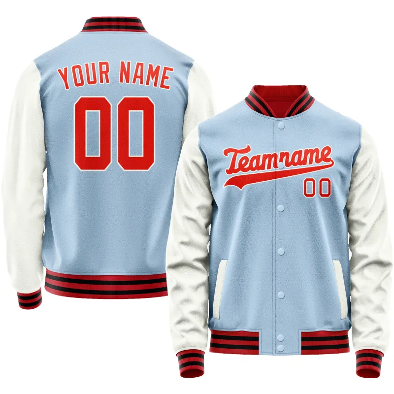 Custom Light-Blue White Solid Color Varsity Letterman Jacket sold by Tailorly