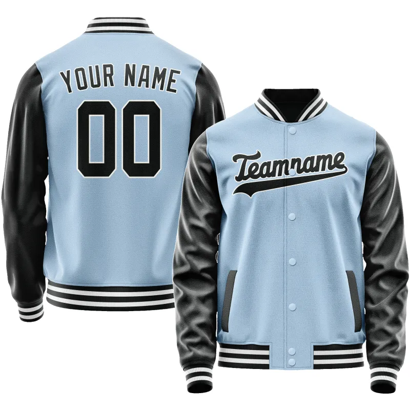Custom Light-Blue Black Solid Color Varsity Letterman Jacket sold by Tailorly