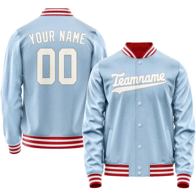 Custom Light-Blue White Solid Color Varsity Letterman Jacket sold by Tailorly