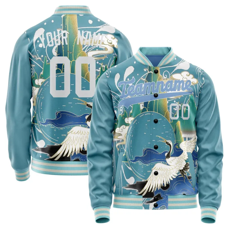 Custom Light-Blue White Heron And Cloud 3D Pattern Varsity Letterman Jacket sold by Tailorly