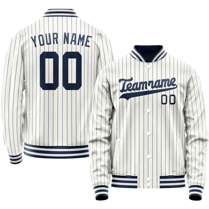 Custom White Navy Navy Pinstripe Varsity Letterman Jacket sold by Tailorly