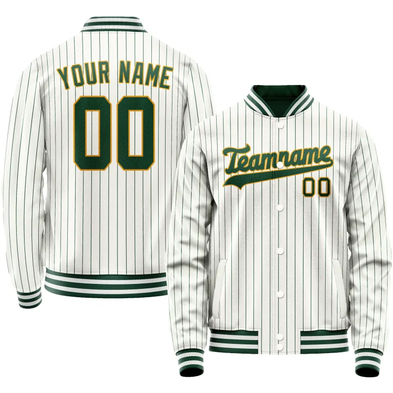 Custom White Kelly-Green Kelly Green Pinstripe Varsity Letterman Jacket made by Tailorly