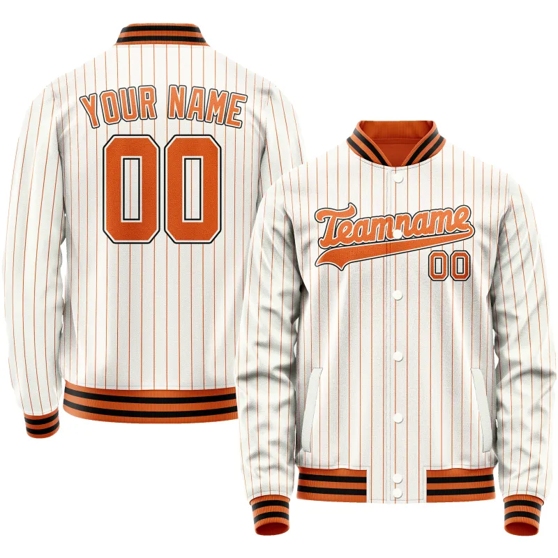 Custom White Orange Orange Pinstripe Varsity Letterman Jacket sold by Tailorly